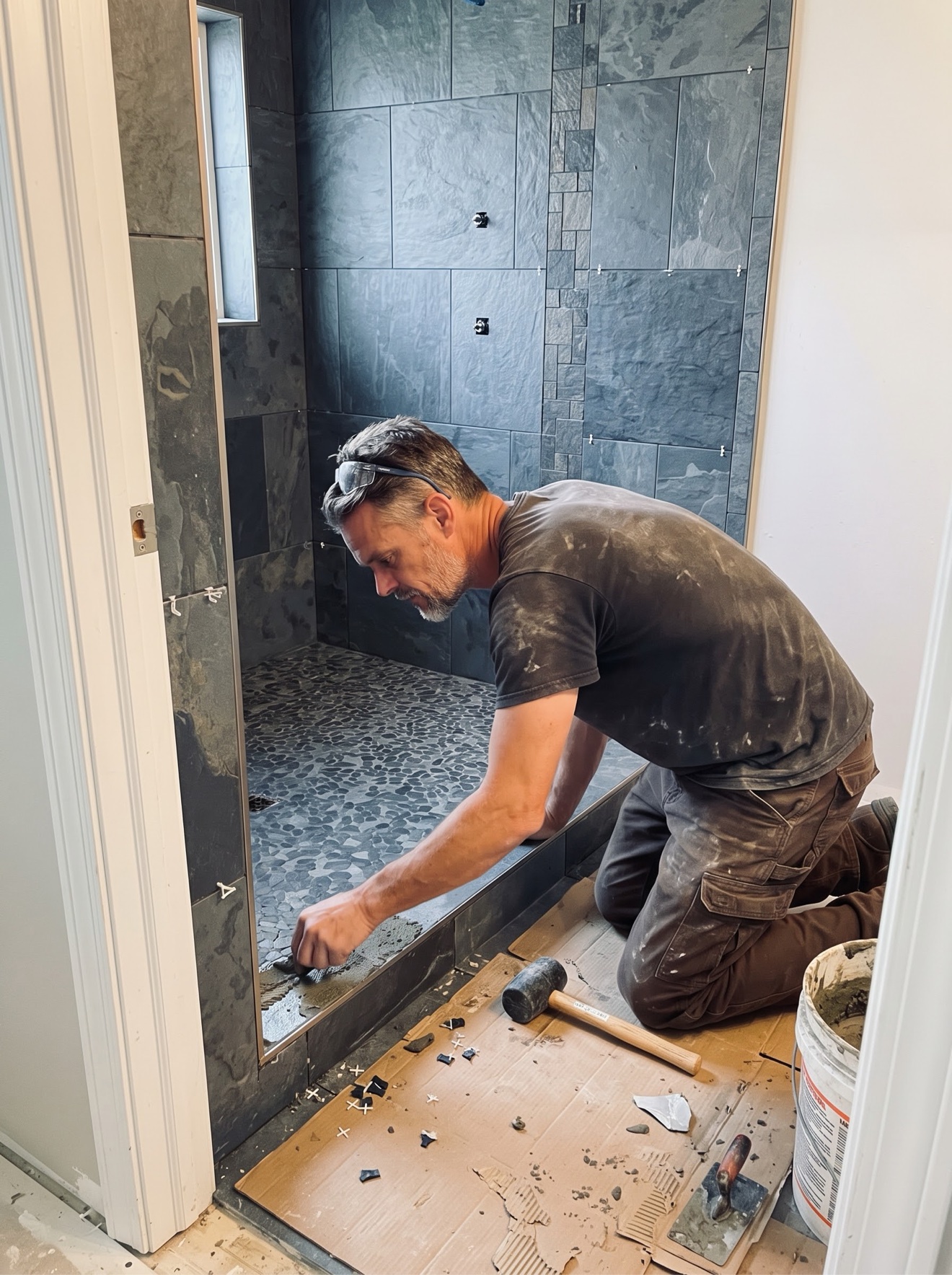 Simon hand-setting a pebble shower floor, piece by piece